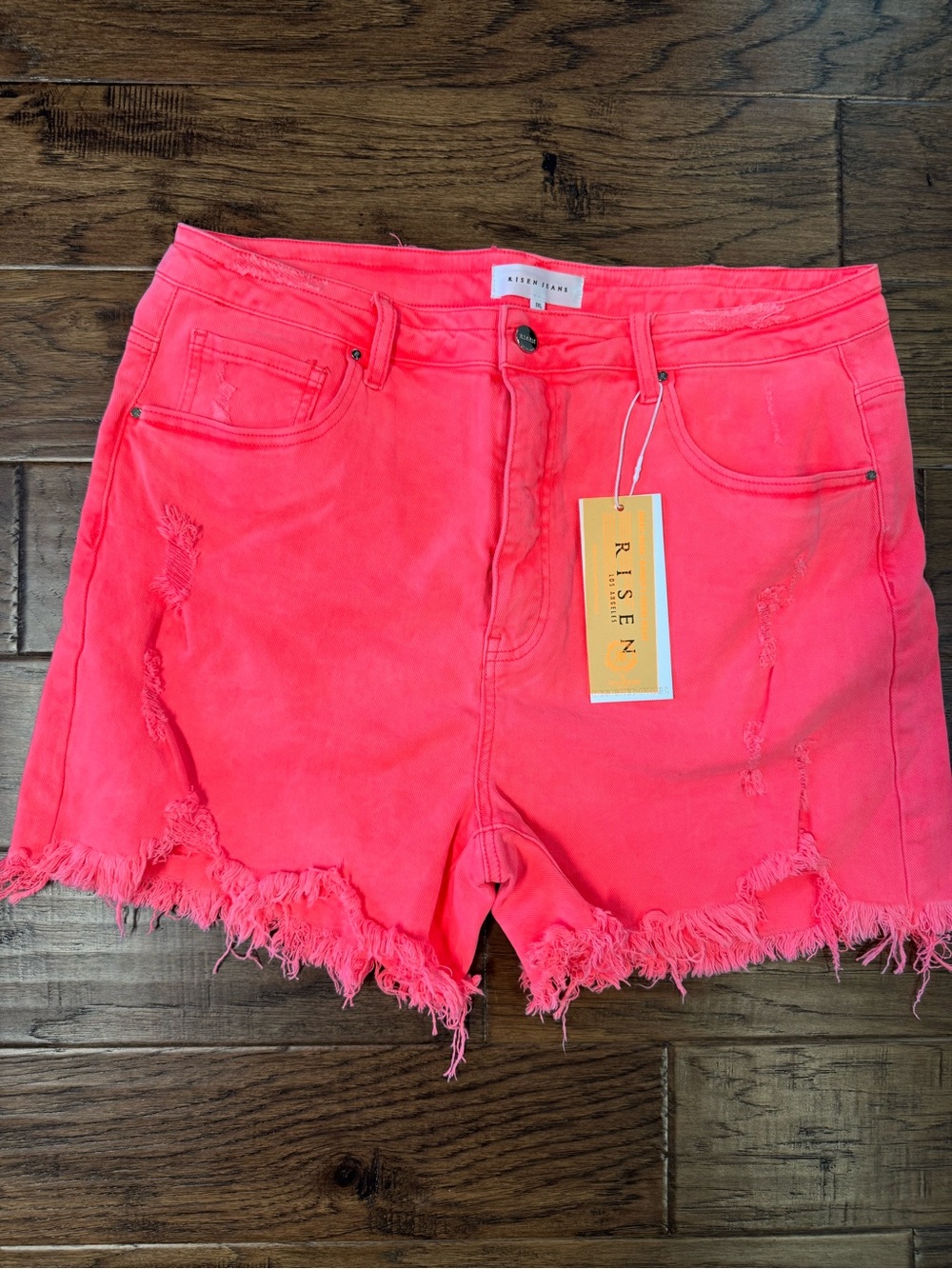 Risen Neon Pink Distressed Denim Shorts